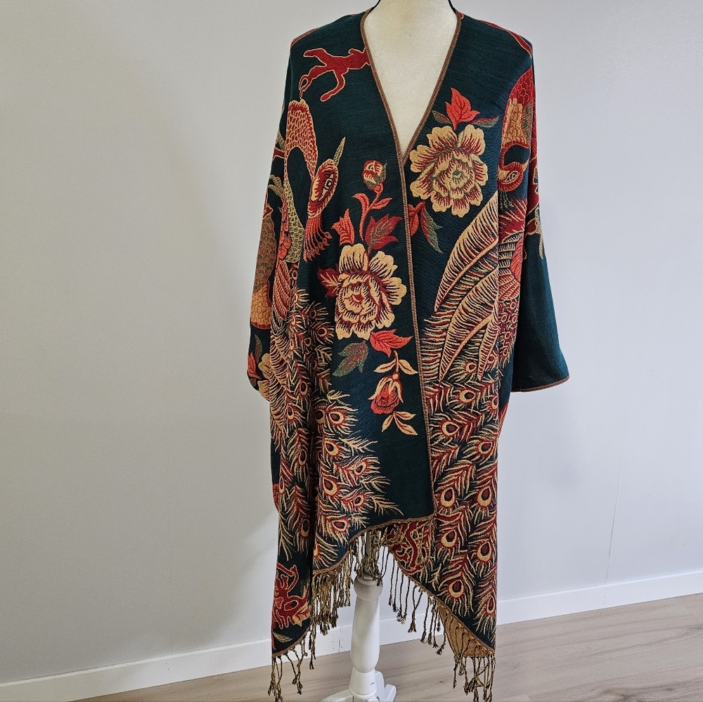 Japanese Teal Peacock Print Shawl Poncho Tassels